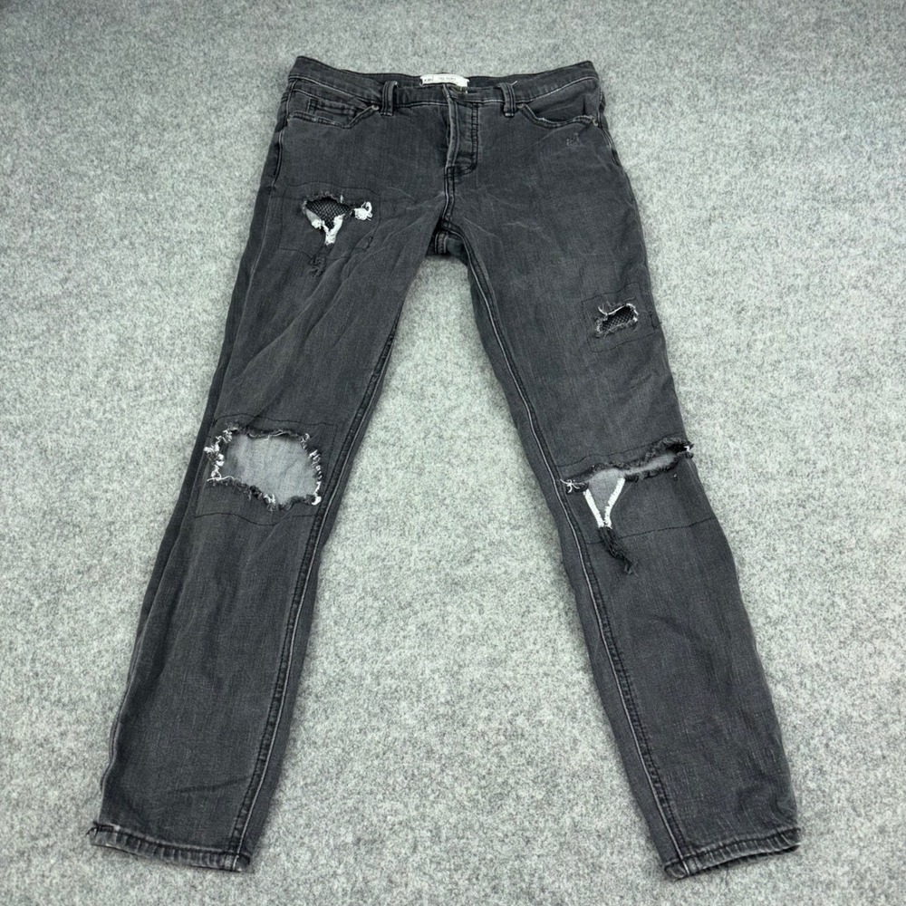 Free People Distressed Skinny Jeans Womens 26 Black Mesh Patch Ripped Denim Dark